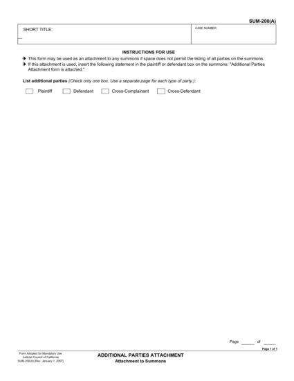 View SUM-200(A) Additional Parties Attachment (Attachment to Summons) form