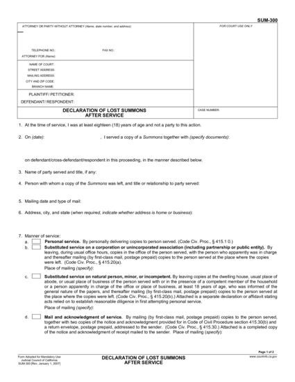 View SUM-300 Declaration of Lost Summons After Service form