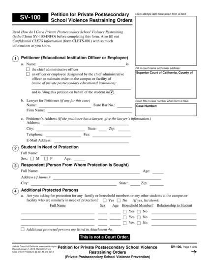 View SV-100 Petition for Private Postsecondary School Violence Restraining Orders form