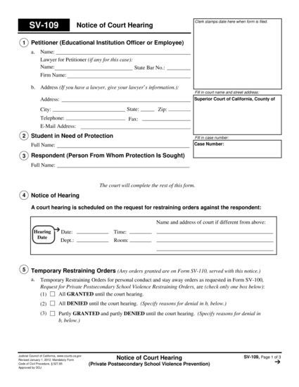View SV-109 Notice of Court Hearing (Private Postsecondary School Violence Prevention) form
