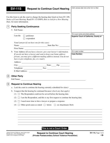 View SV-115 Request to Continue Court Hearing (Temporary Restraining Order) (Private Postsecondary School Violence Prevention) form