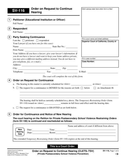 View SV-116 Order on Request to Continue Hearing (Temporary Restraining Order) (CLETS-TSV) (Private Postsecondary School Violence Prevention) form