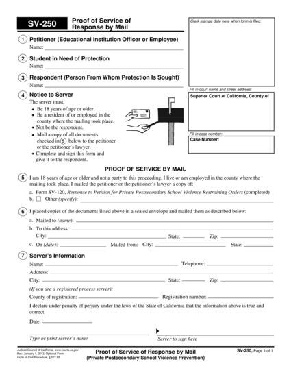 View SV-250 Proof of Service of Response by Mail form