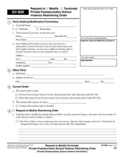 View SV-600 Request to Modify/Terminate Private Postsecondary School Violence Restraining Order form