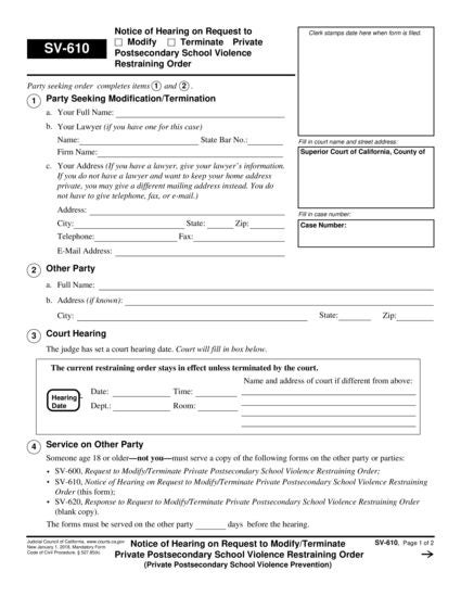 View SV-610 Notice of Hearing on Request to Modify/Terminate Private Postsecondary School Violence Restraining Order form