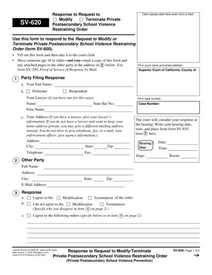 View SV-620 Response to Request to Modify/Terminate Private Postsecondary School Violence Restraining Order form