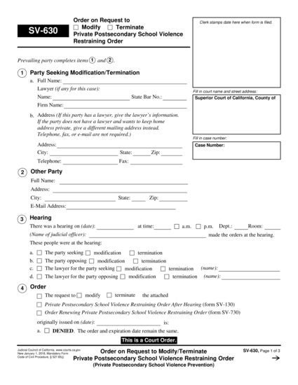 View SV-630 Order on Request to Modify/Terminate Private Postsecondary School Violence Restraining Order form