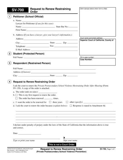 View SV-700 Request to Renew Restraining Order form