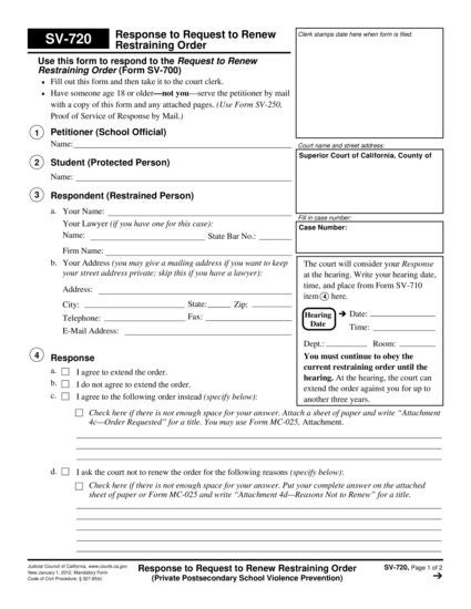 View SV-720 Response to Request to Renew Restraining Order form