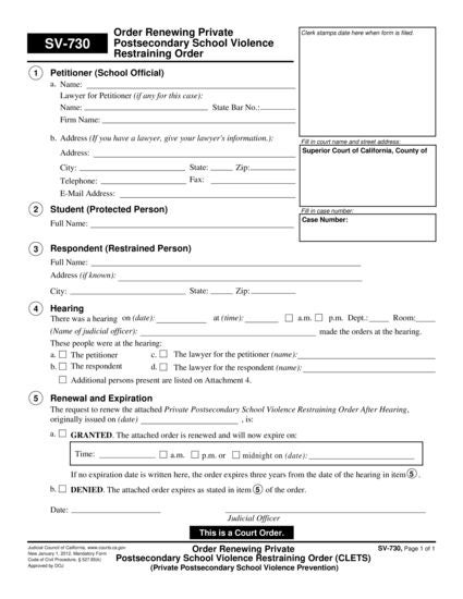 View SV-730 Order Renewing Private Postsecondary School Violence Restraining Order form