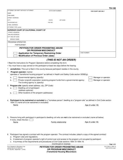 View TH-100 Petition for Order Prohibiting Abuse or Program Misconduct form
