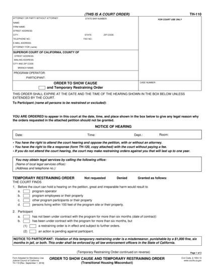View TH-110 Order to Show Cause and Temporary Restraining Order form