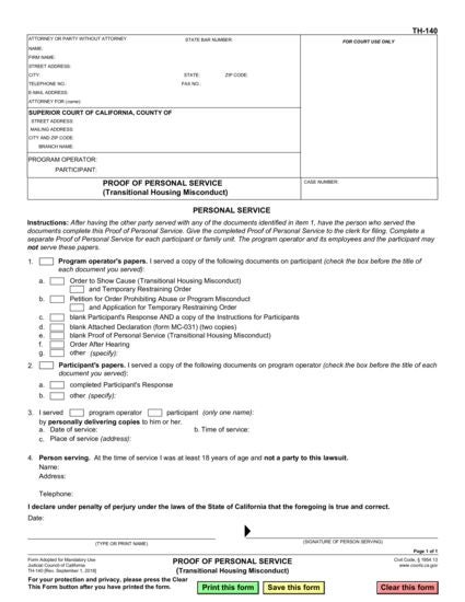 View TH-140 Proof of Personal Service form
