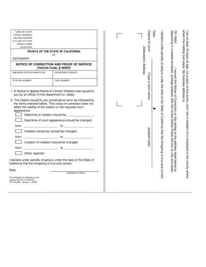 View TR-100 Notice of Correction and Proof of Service form