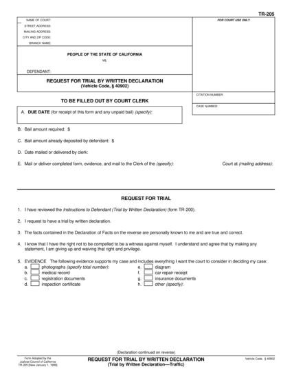 View TR-205 Request for Trial by Written Declaration form