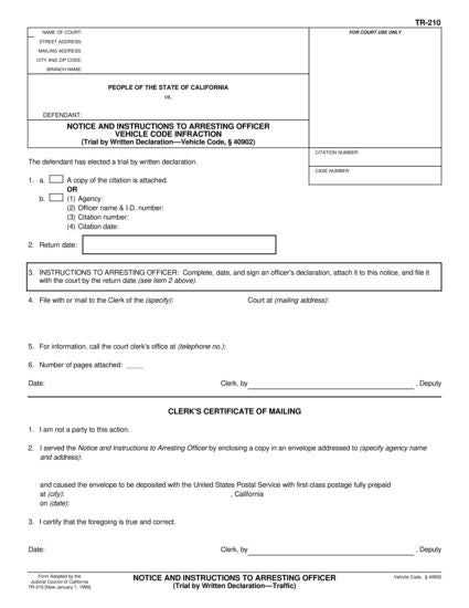 View TR-210 Notice and Instructions to Arresting Officer form
