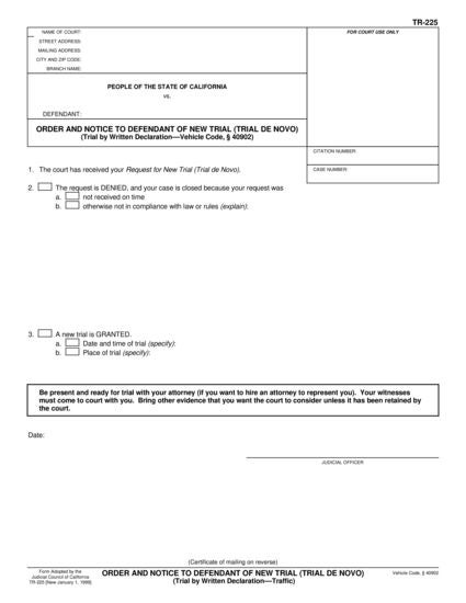 View TR-225 Order and Notice to Defendant of New Trial (Trial de Novo) form