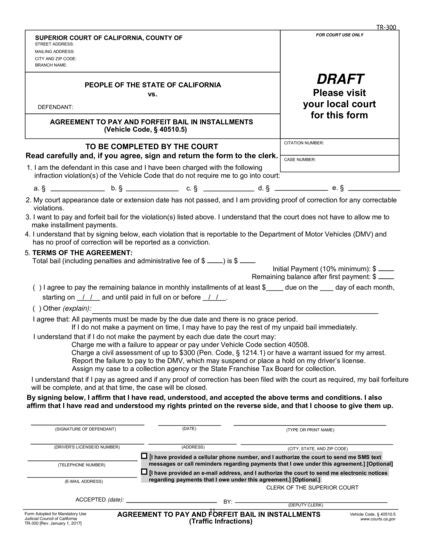 View TR-300 Agreement to Pay and Forfeit Bail Installments form