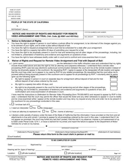 View TR-505 Notice and Waiver of Rights and Request for Remote Video Arraignment and Trial form