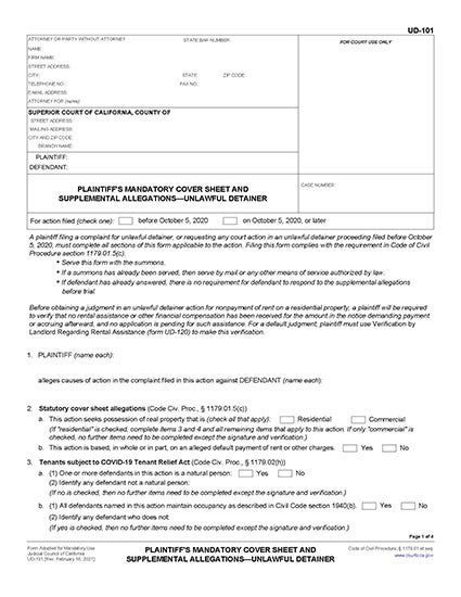 View UD-101 Plaintiff's Mandatory Cover Sheet and Supplemental Allegations—Unlawful Detainer form