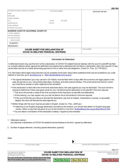 View UD-104 Cover Sheet for Declaration of Covid-19–Related Financial Distress form