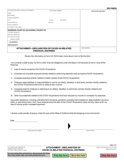 View UD-104(A) Attachment—Declaration of Covid-19–Related Financial Distress form