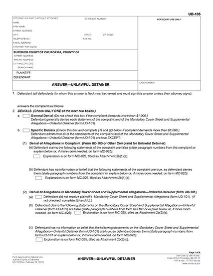 View UD-105 Answer—Unlawful Detainer form