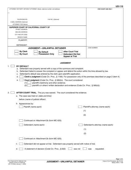 View UD-110 Judgment—Unlawful Detainer form