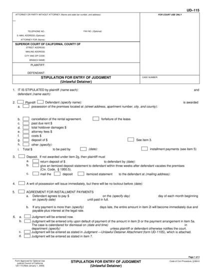 View UD-115 Stipulation for Entry of Judgment form
