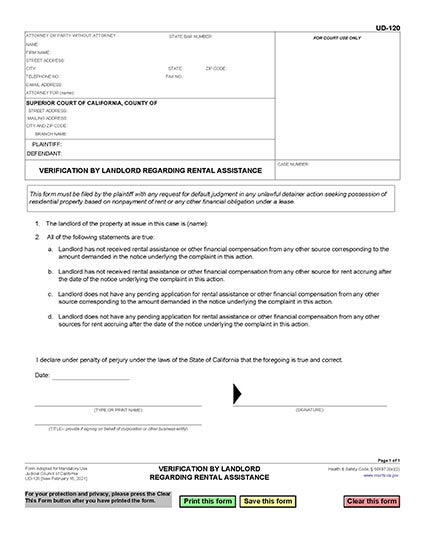 View UD-120 Verification by Landlord Regarding Rental Assistance—Unlawful Detainer form