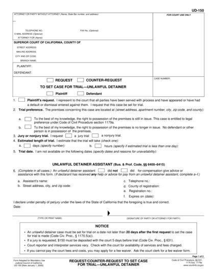 View UD-150 Request/Counter-Request to Set Case for Trial—Unlawful Detainer form