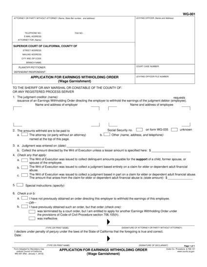 View WG-001 Application for Earnings Withholding Order form