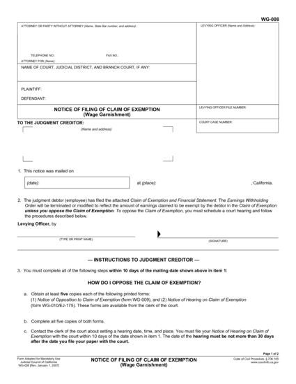 View WG-008 Notice of Filing of Claim of Exemption form