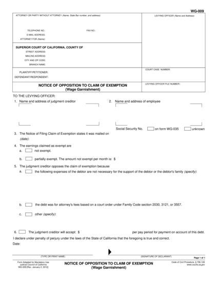 View WG-009 Notice of Opposition to Claim of Exemption form