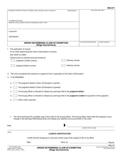 View WG-011 Order Determining Claim of Exemption form