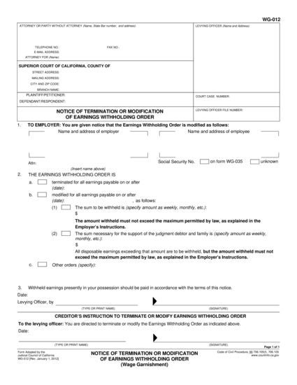 View WG-012 Notice of Termination or Modification of Earnings Withholding Order form