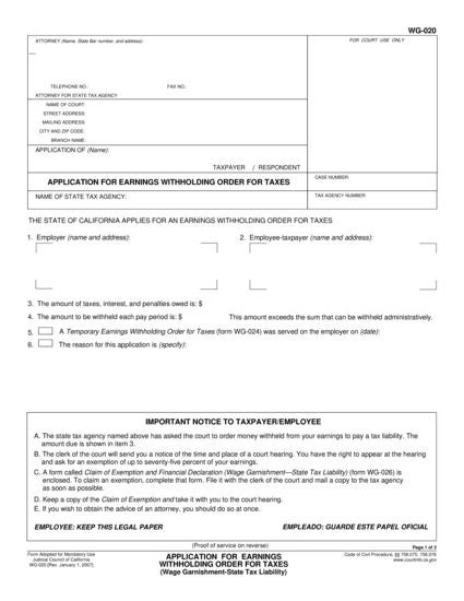 View WG-020 Application for Earnings Withholding Order for Taxes (State Tax Liability) form