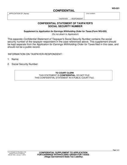 View WG-021 Confidential Supplement to Application for Earnings Withholding Order for Taxes (State Tax Liability) form