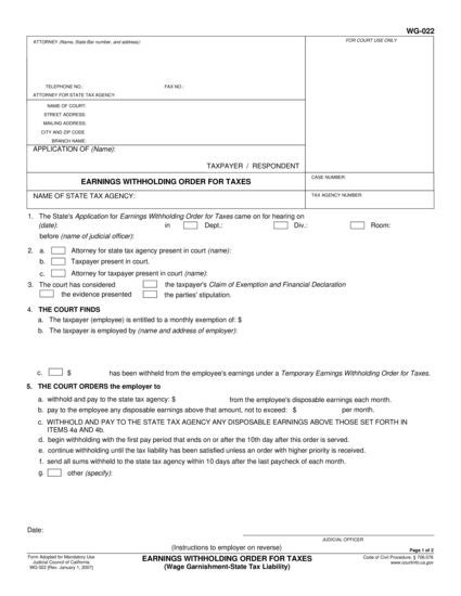 View WG-022 Earnings Withholding Order for Taxes (State Tax Liability) form