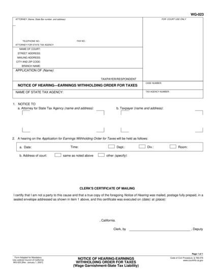 View WG-023 Notice Of Hearing—Earnings Withholding Order for Taxes (State Tax Liability) form