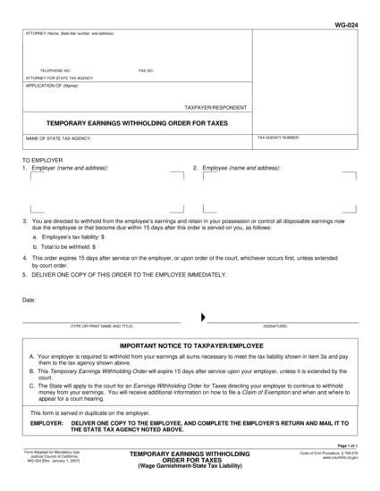 View WG-024 Temporary Earnings Withholding Order for Taxes (State Tax Liability) form