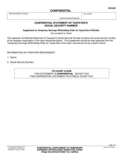 View WG-025 Confidential Supplement to Temporary Earnings Withholding Order for Taxes (State Tax Liability) form