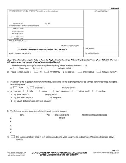 View WG-026 Claim of Exemption and Financial Declaration (State Tax Liability) form