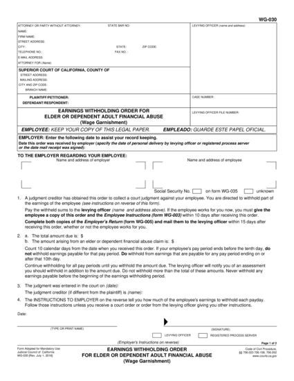 View WG-030 Earnings Withholding Order for Elder and Dependent Adult Financial Abuse form