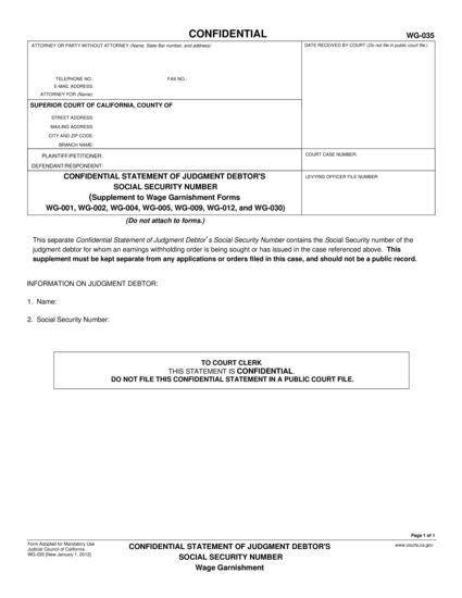 View WG-035 Confidential Statement of Judgment Debtor's Social Security Number form