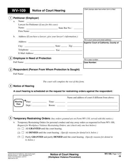 View WV-109 Notice of Court Hearing form