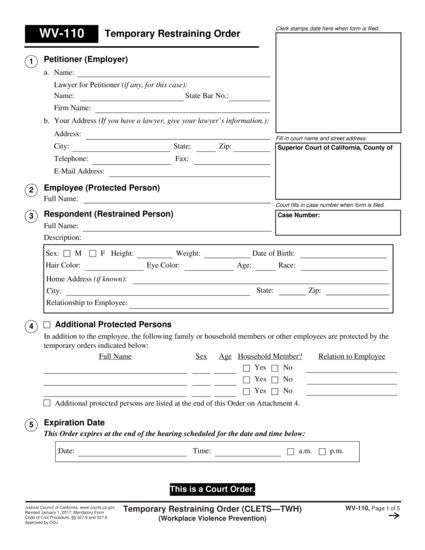 View WV-110 Temporary Restraining Order (CLETS-TWH) form