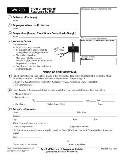 View WV-250 Proof of Service of Response by Mail form