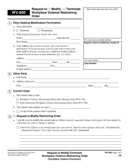 View WV-600 Request to Modify/Terminate Workplace Violence Restraining Order form