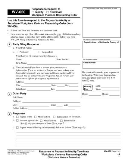 View WV-620 Response to Request to Modify/Terminate Workplace Violence Restraining Order form